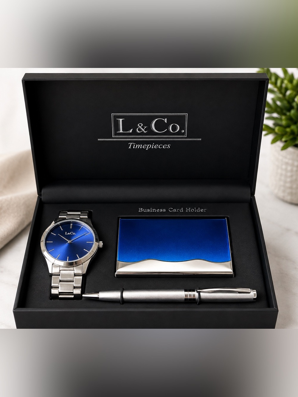 L & Co. Timepieces Men’s Watch Business Card Holder Pen Gift Set New